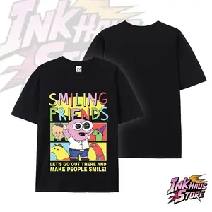 Smiling Friends T-shirt, featuring a double-sided cartoon print, made with vintage-style cotton fabric, men's top, made in the USA.