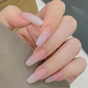 French Square Long Press on Nails, Fake Nails Full Cover Nude Acrylic False Nails for Women and Girls 24PCS (Pink White)