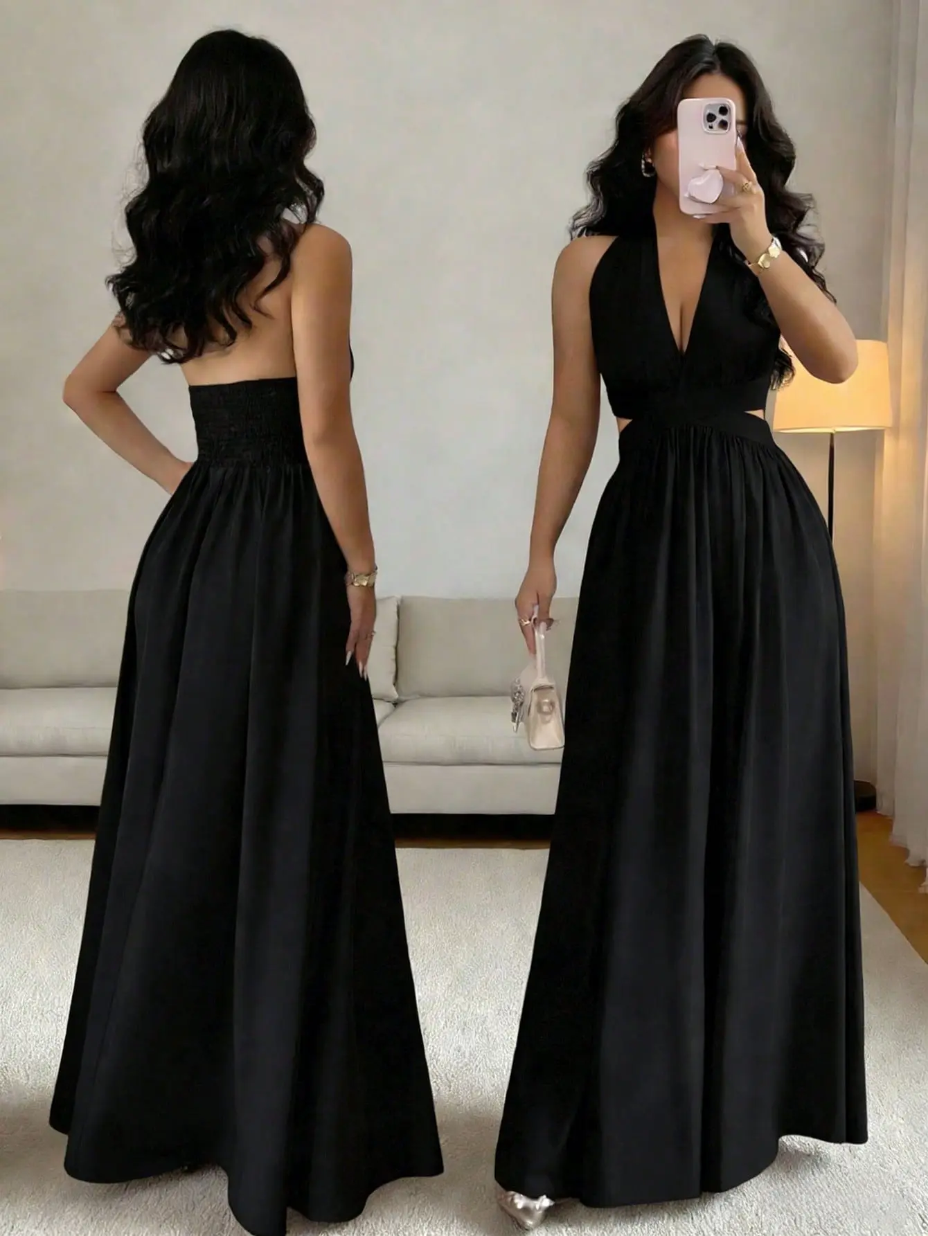 Rafferiza Elegant Sleeveless V-Neck Waist Hollow Design Pleated Dress, Purple, Spring/Summer New Arrival, Women's Graceful Long Dress