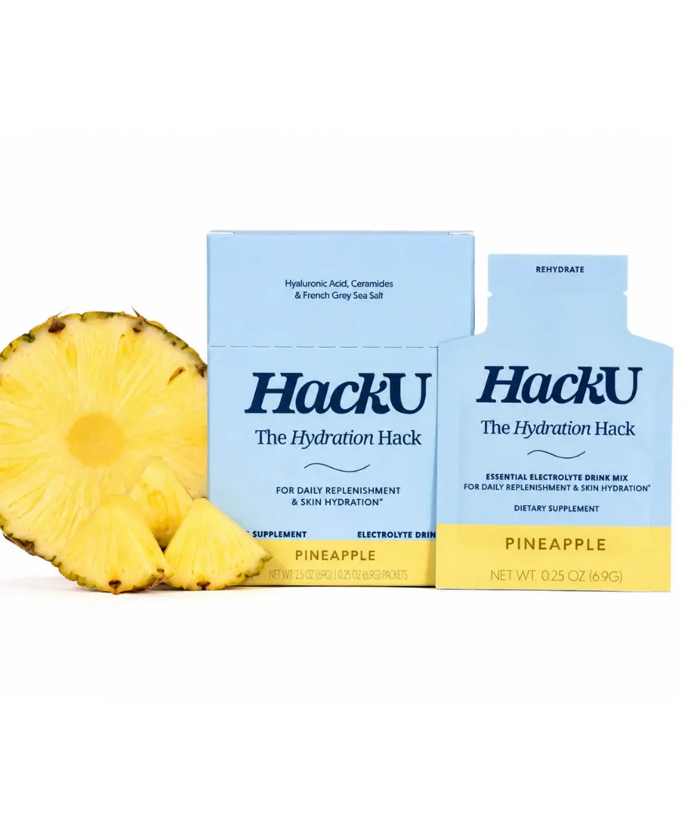 HackU Hydration Hack Electrolyte & Skin Hydration Packets – Sugar Free, Bloat-Free Drink Mix with Magnesium, Hyaluronic Acid & Ceramides for Daily Glow & Moisture Support | Pineapple 10ct.