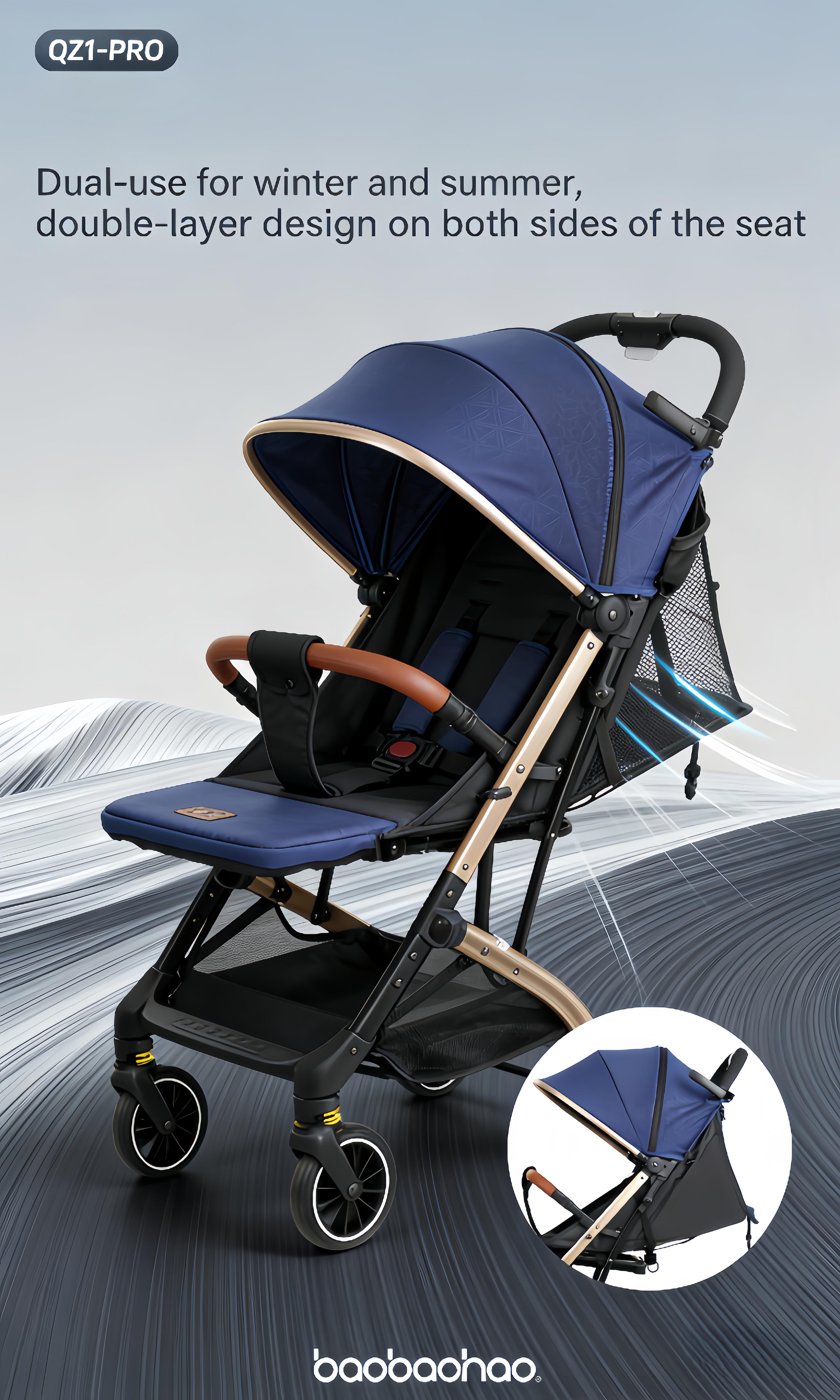 Baobaohao QZ1-Baby Stroller – Wider Cabin for Easy Outings, Seats & Lays Flat, Full Wind Protection, Breathable Mesh for Summer, Lightweight & Foldable, Suitable for Newborns to Age 3
