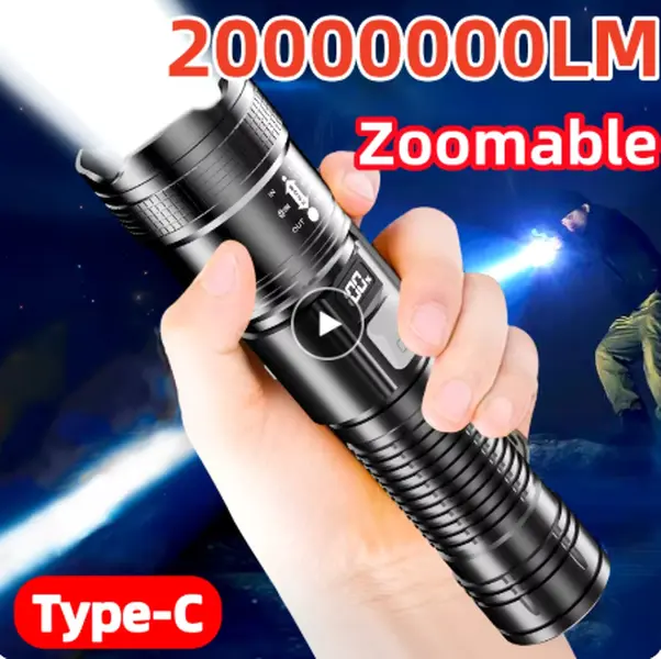 20000000LM Ultra-High Power Flashlight Digital Electronic Display Waterproof Torch Zoom Hand Light Outdoor Camping Lantern