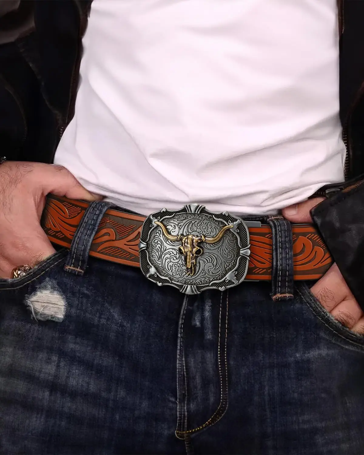 Western Cowboy Ratchet Belt - Leather Embossed Belt with Buckle RGWYGCG Belt Men Ratchet, Western Cowboy Leather Belts for  main image 2