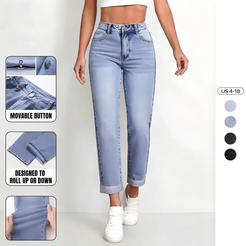 Mid-Rise Tapered Jeans for Women, Street Style Stretch Denim Pants, Comfort Fit Casual Wear