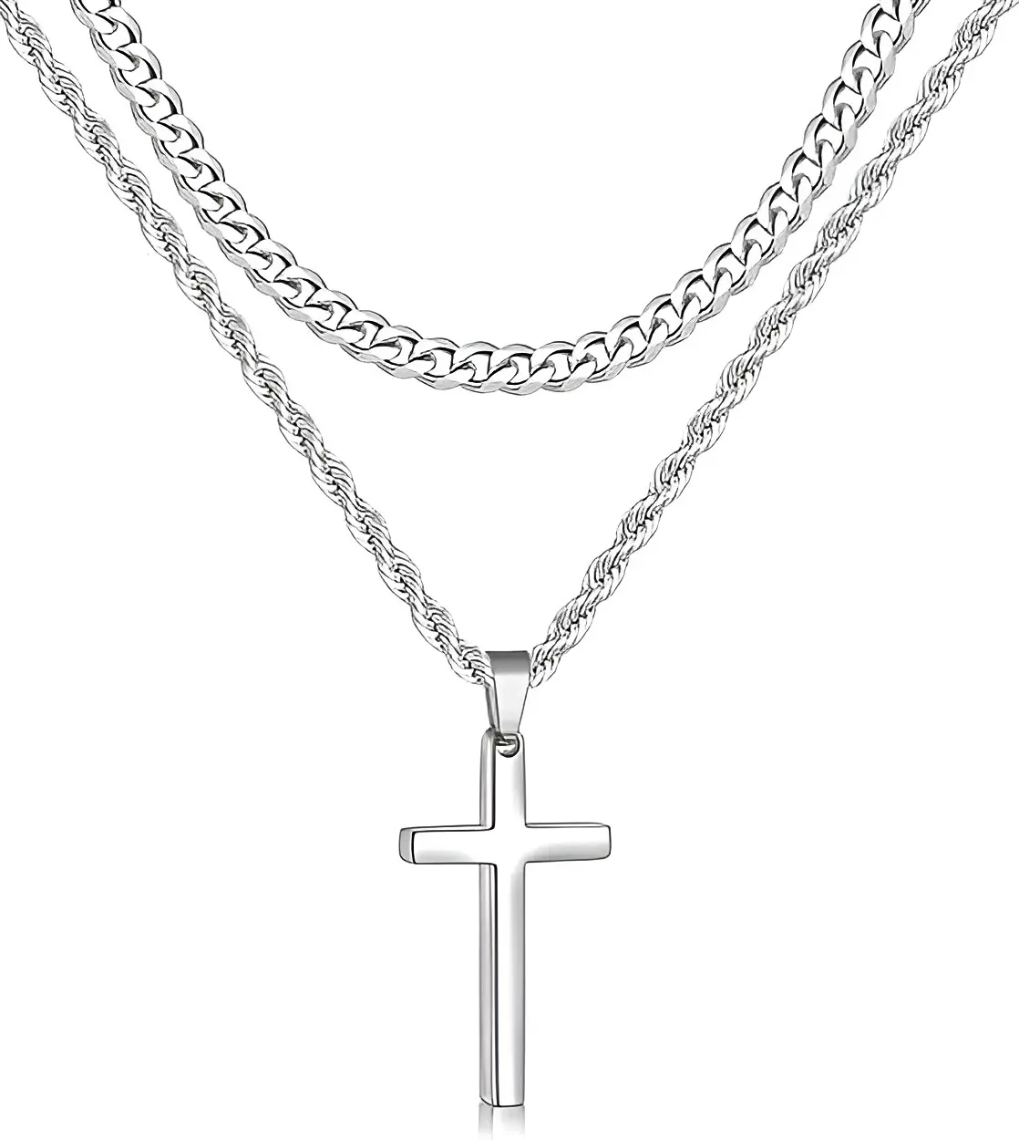 Men's Layered Cross Necklace, Stainless Steel Double Chain Pendant, Cuban Link & Rope Chain Cross Necklace for Men