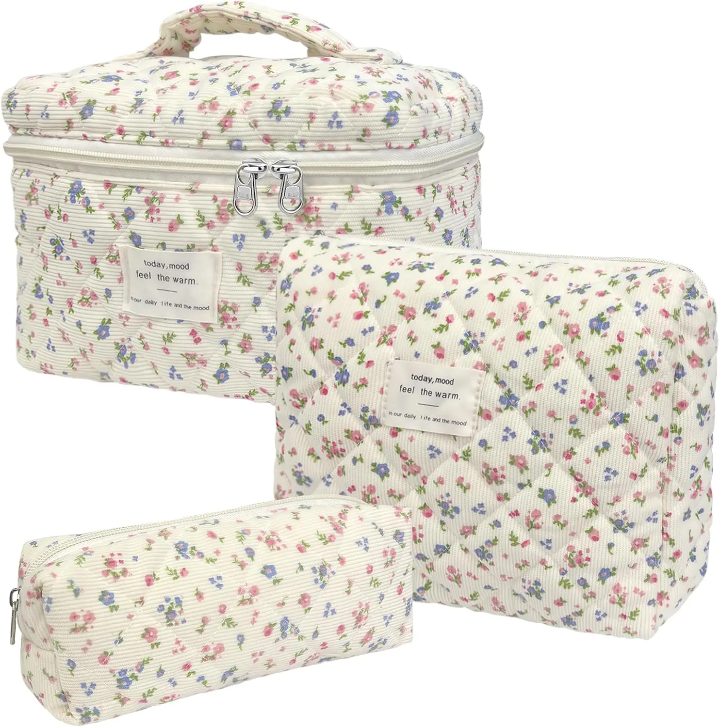 Women's Quilted Floral Print Makeup Bag Set - Padded Cotton Makeup Storage Organizer with Zippered Top, Large-Capacity Travel Pouch with Double-Layer Packaging, Cosmetics Organizer, Flowers, High-Capacity, Travel Beauty Bag, Vanity Organization, Portable,