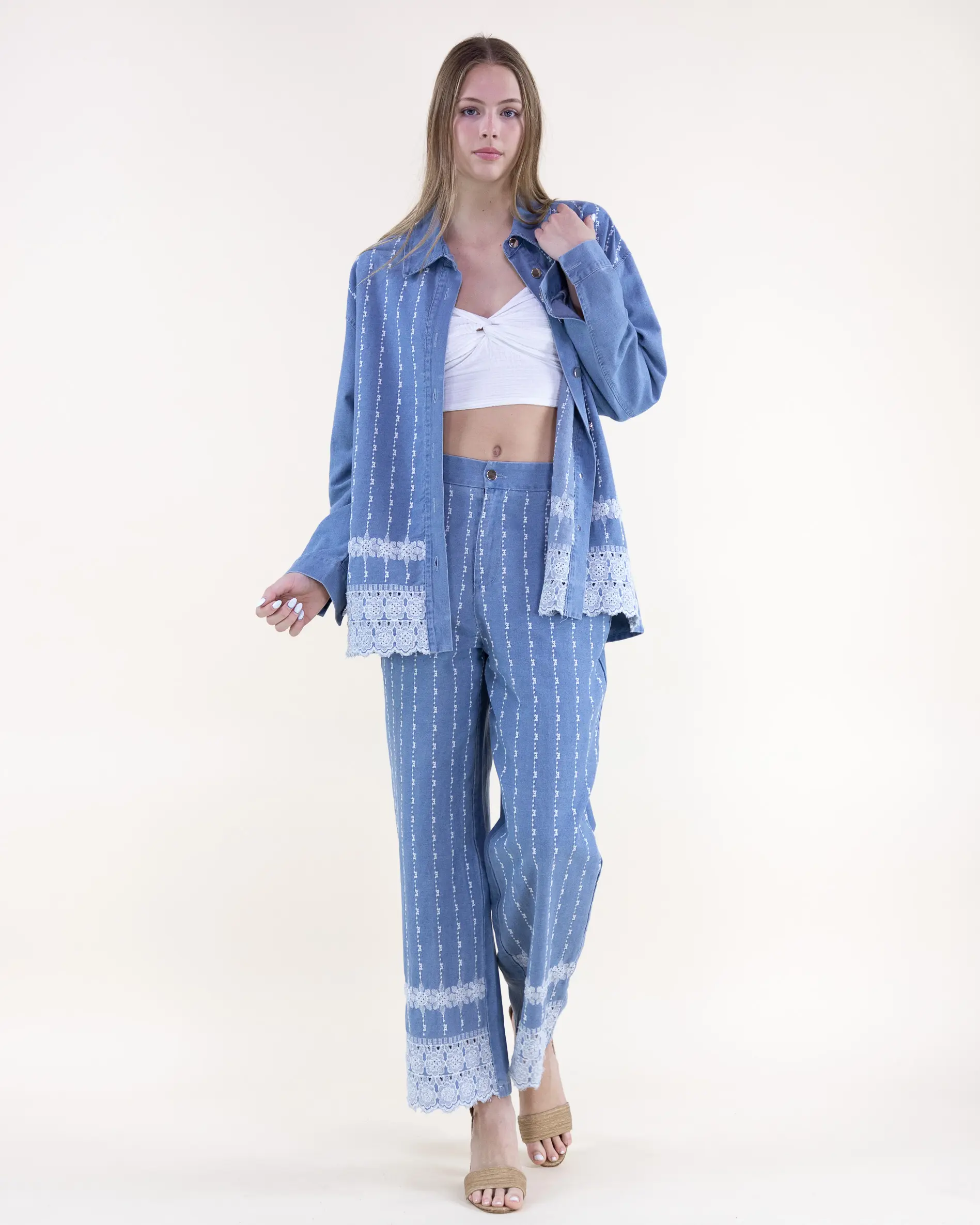 Women's 3-Piece Elegant Bohemian Lace-Trimmed Denim Ensemble - Long-Sleeved Button-Down Shirt Jacket, Cropped Vest, High-Waisted Straight-Leg Pants with Delicate Embroidery, Feminine Fit, Casual Cotton Clothes Set