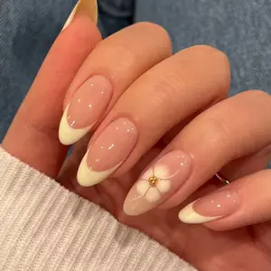 24pcs Long Almond Flower French Acrylic Press-On Nails Set, Includes Jelly Glue and Nail File, Easy Wear, Perfect for Parties