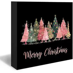 Christmas Tree Wood Box Sign, Merry Christmas Tree Desk Shelf Decor, Black and Pink Xmas Winter Trees Light Wooden Block Plaque Box Sign for Home Room Office Table Decor,5x5 inch