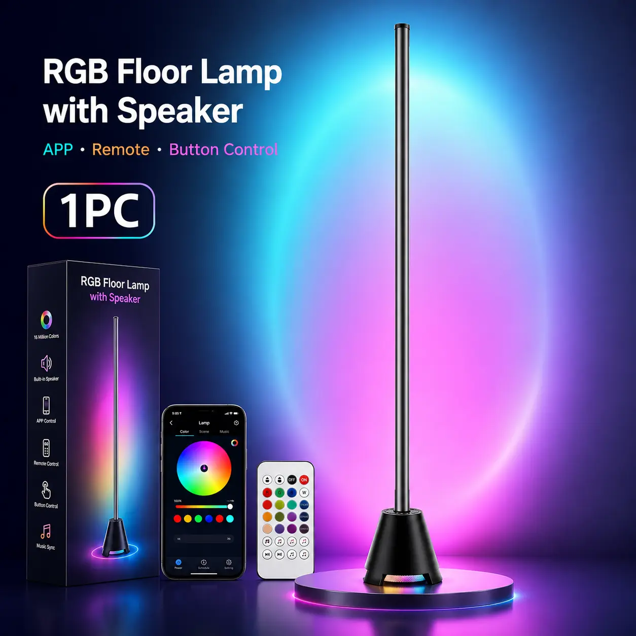 RGB Floor Lamp with Built-In Bluetooth Speaker, APP Remote and Button Control, Music Sync Color Changing Corner Light for Bedroom Gaming Room