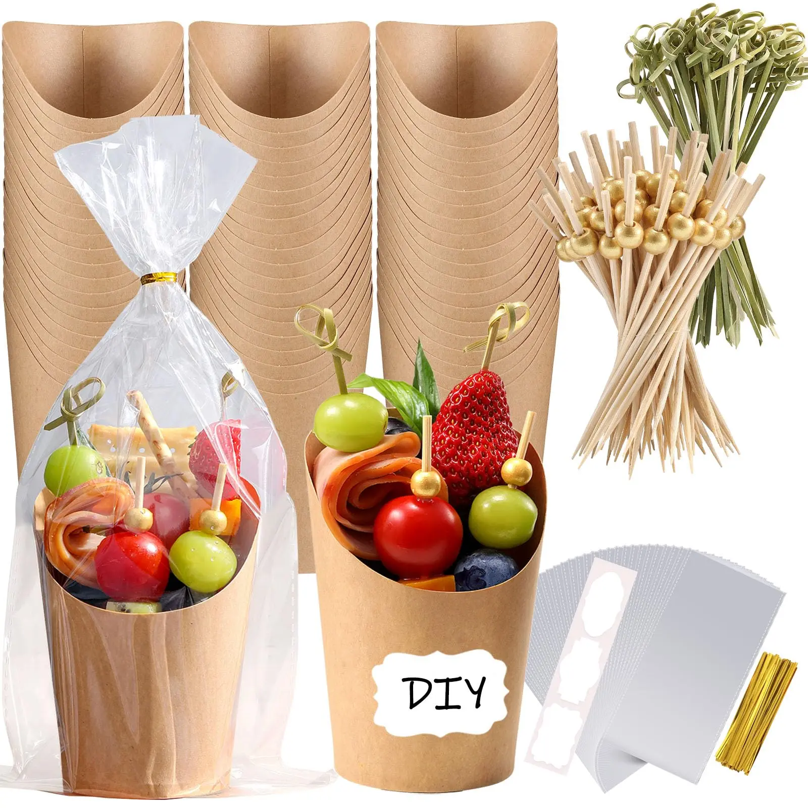 Kraft Paper Charcuterie Cups Value Set (12oz, 100-Piece) - Disposable Handheld Oil-Resistant Appetizer Snack Boxes with Bags, Labels, Cocktail Skewers, Bamboo Utensils for Anniversary, French Fries, Value Kit