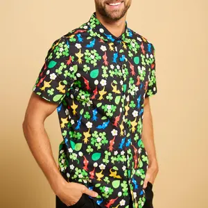 Pikmin Floral Hawaiian Shirt - Unisex Colorful Character and Clover Pattern Button-Up in Cotton Blend for Casual Wear Fabric Menswear