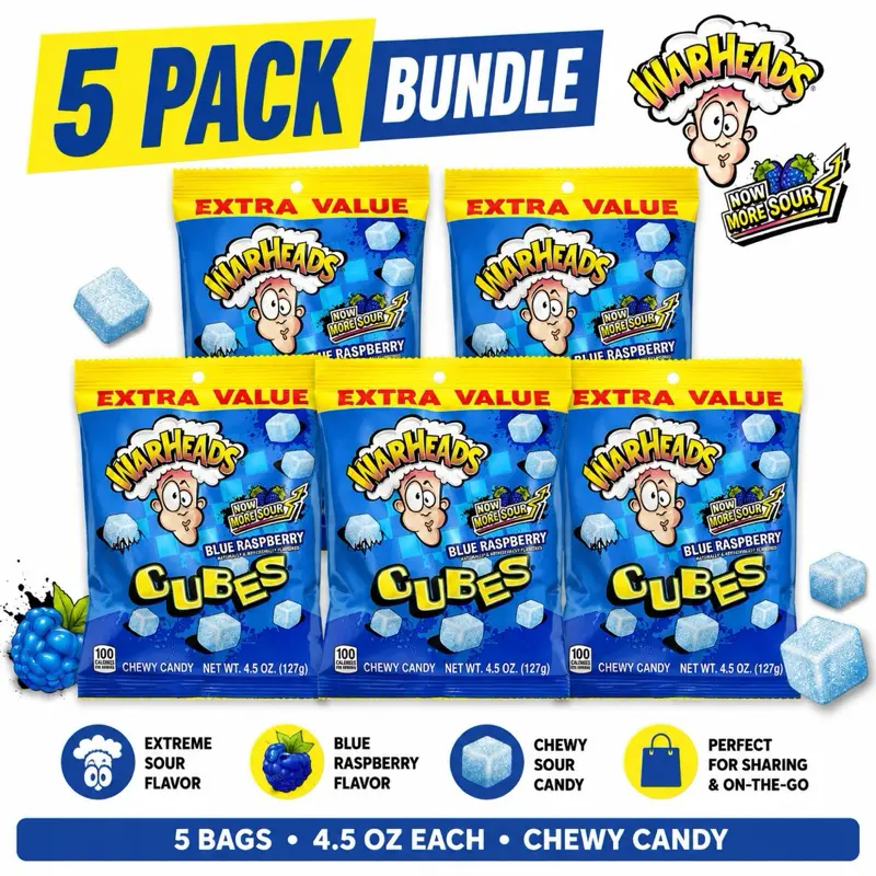 WARHEADS Blue Raspberry Cubes Candy 5-Pack Bundle – Extra Sour Chewy Candy, 4.5 oz Bags