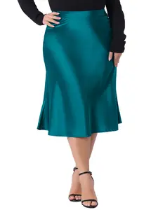 Agnes Orinda Plus Size Silky Satin Skirt for Women High Waist Hidden Elasticized Waistband Flared Casual a Line Midi Skirt Peacock Blue