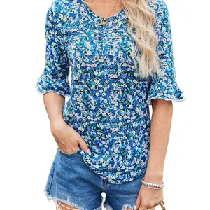 DealsForYouDaysv Bell Sleeve Tops for Women Casual V Neck T Shirts 3/4 Sleeve Ruffle Tunic Blouses