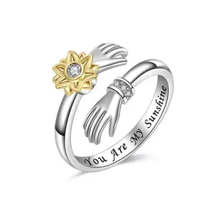 Hugging Hands Ring with Rotatable Daisy Sunflower,You Are My Sunshine Ring Anxiety Rings Spinner for Women - Gift for Friend Lover