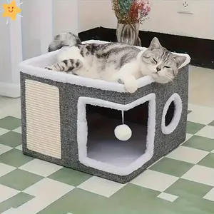 Luxurious Multi-Tier Cat House with 2-Tier Bed, Toy Tunnel & Foldable Scratching Post - Cozy Indoor Cat Cube Bed with Plush Hanging Ball, Nylon Frame & Canvas Construction, Space-Saving Foldable Design, 16.5x16.5x13 Inches - Ideal for Small Spaces