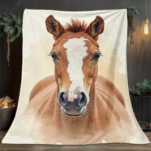 1pcs Horse Portrait Themed Flannel Blanket, Digital Print, Sofa Bed Cover Blanket, Skin-Friendly And Soft, Suitable For Birthday And New Year Gifts All Year Round