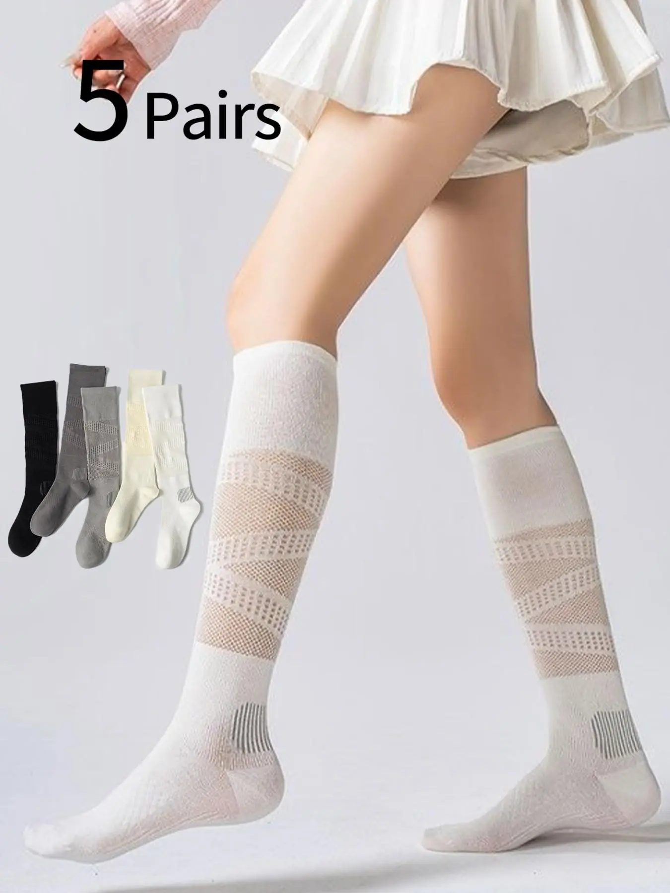 5 Pairs Women's Sports Socks, Athletic Socks, Workout Socks, Professional Compression Calf Socks, Summer Ultra-Thin Mesh Breathable, Cycling, Running, Badminton, Tennis Socks