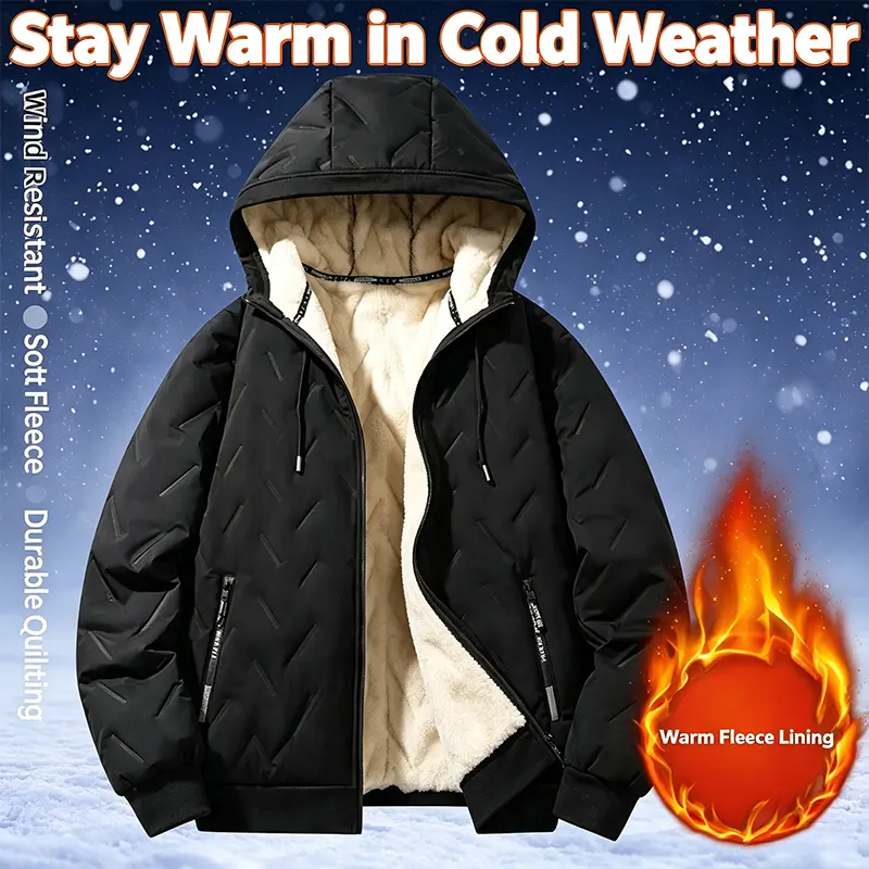 Clean Gent men’s winter jacket, hooded outerwear with inner lining, windproof heavyweight outdoor insulated jacket with safety zipper pockets, high-performance down-filled bomber jacket, lightweight geometric textured technical fabric apparel, black faux
