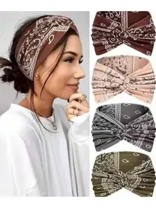 Women's Hairbands 4 Pack, Wide Thin Elastic Boho Dye Knot Headbands, Vintage Style for Sports Yoga Makeup Spa, Fashion Accessories