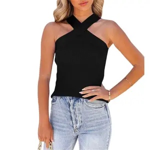 Imily Bela Womens Criss Cross Halter Sweater Vest Tops Summer Sleeveless Pullover Casual Lightweight V Neck Knit Tank Top