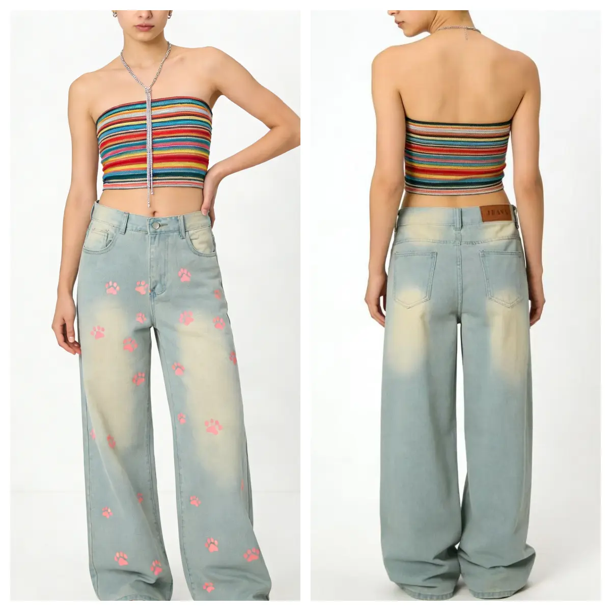 JUNBAOSS Women's Baggy Hip Hop Ripped Y2K Casual Vintage Wide Leg Denim Pants Loose Fit Long Trousers Black Streetwear High Waist Sutures Skateboard Steampunk Cute Pink Paw/Graphic Print Trendy Bottoms Light Wash Jeans, Cotton,2026 fashion
