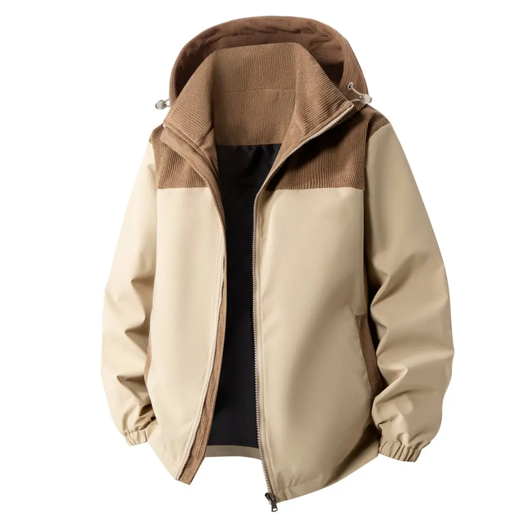 Men's Stylish Fitted Hooded Longsleeve Thin Trench Coat - Menswear Casual Clothes, Spring & Autumn Jacket, Detachable Hat, Corduroy Trimming, Windproof, Machine Washable, Dry Clean Option, Beige