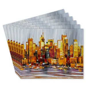 360 Stand Rectangular Lightweight Polyester Placemats, 14x18 in, Modern Orange Buildings Design, Set of 6, Kitchen & Home Decor Tableware Accessory, Stylish, Coasters For Table