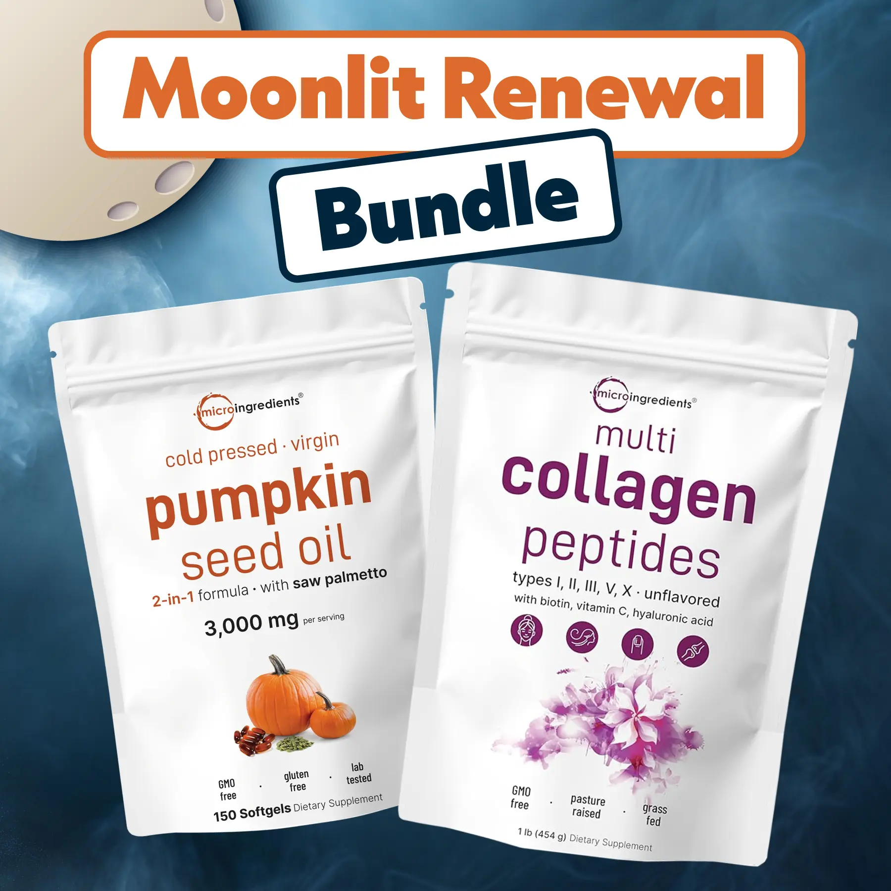 Micro Ingredients Moonlit Renewal Bundle: Pumpkin Seed Oil 150 Softgels & Multi Collagen Peptides Powder 1LB Micro Ingredients Moonlit Renewal Bundle: Pumpkin Seed Oil 150 Softgels & Multi Collagen Peptides Powder 1LB