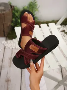 Women's Summer New Round Toe Flat Sandals, Cross Strap Thick Sole Non-Slip Outdoor Casual Slippers, Large Size Beach Vacation Shoes