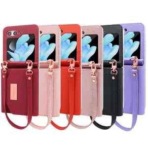 Lanyard wallet card slot faux leather mobile phone case Casing compatible with samsung galaxy z flip 3 4 5 6 7 fashion protective phone cover with hand strap flip3 flip4 flip5 flip6 flip7