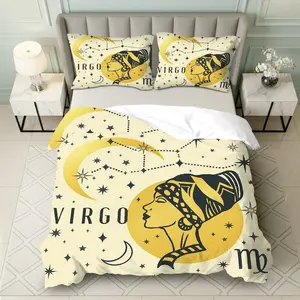3PCS Duvet Cover Set, 1 Duvet+2 Pillowcases(Without filler), Zodiac Astrology Virgo Constellation Moon Stars theme, Birthday bedding set, Celestial Horoscope Suitable for decoration Bedroom Living Room Guest Room Lounge.