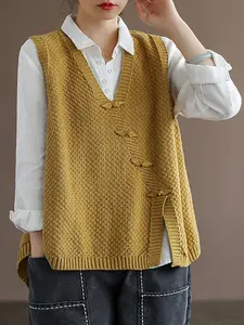 Buykud Women Plus Size Button Knitted Vest Waistcoat Cotton V-Neck Casual Sweater