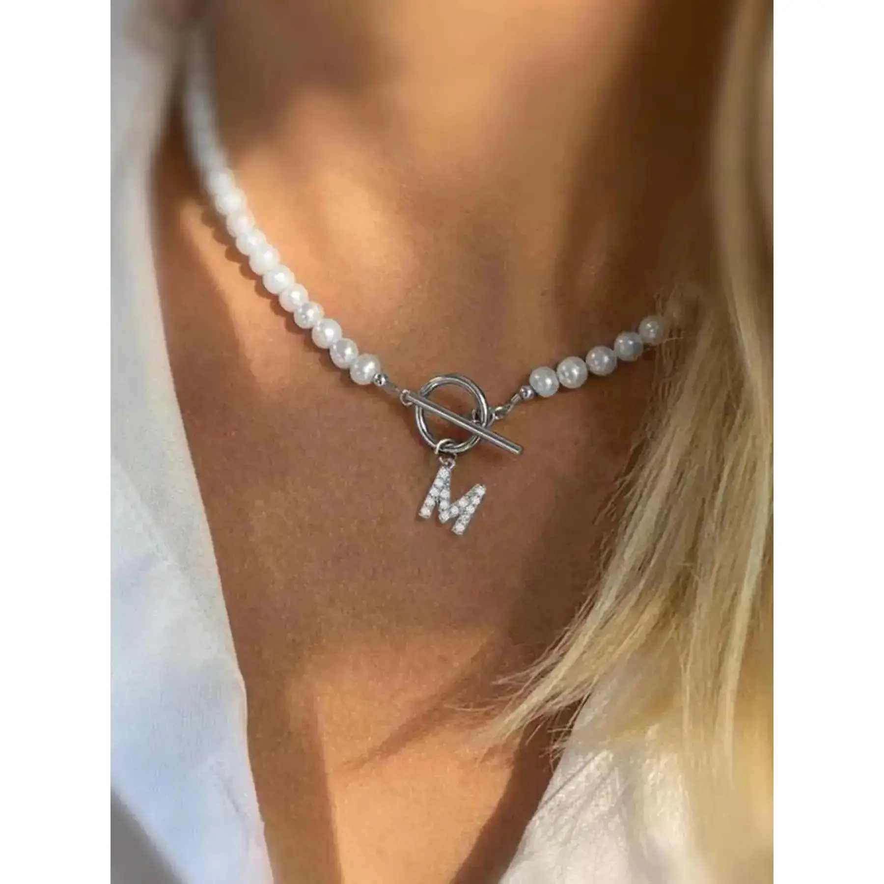 1Pcs Silvery Pave Zirconia Initial Necklace Personalized Initials Alphabet Letter Necklace Women Vintage Simple Stainless Steel Toggle Clasps Artificial Pearl Beaded Necklace For Women Dainty Initial Necklaces