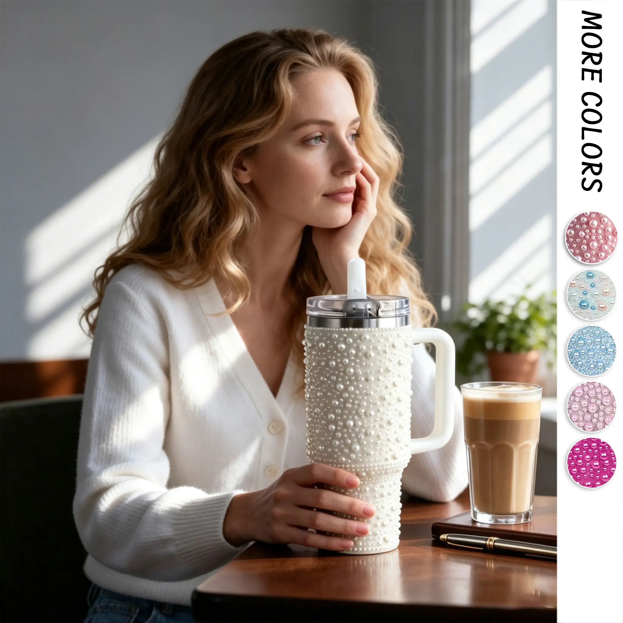 40oz Pearl Bling Tumbler with Handle & Flip Straw Lid, Leakproof Stainless Steel Insulated Travel Mug, Cup Holder Friendly
