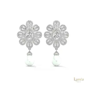 1.70 CT. Diamond & Pearl Teardrop Earrings | Lab Grown | 14K Gold & Platinum