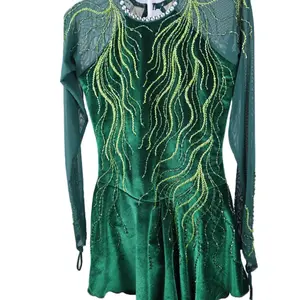 Green Forest Performance Ice Skating Dress for Young Skaters With Unique Design and Long Sheer Mesh Sleeves.