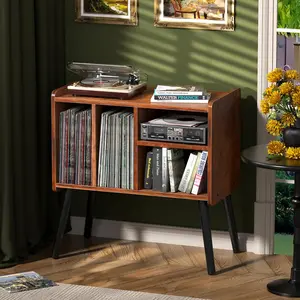 Record player table, mid-century record player stand with vinyl storage holding up to 150+ albums, vinyl record cabinet with adjustable shelves, wooden turntable stand for music living room, brown