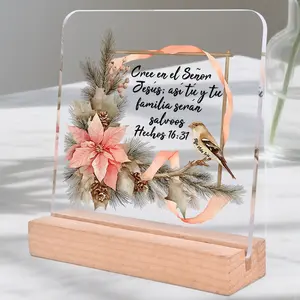 Spanish Religious Acrylic Decor, "Cree en el Señor Jesús" Acts 16:31 Bible Verse Decorative Plaque with Wooden Stand, Floral & Bird Design, Christian Home Decor & Gift for Families, Home decoration