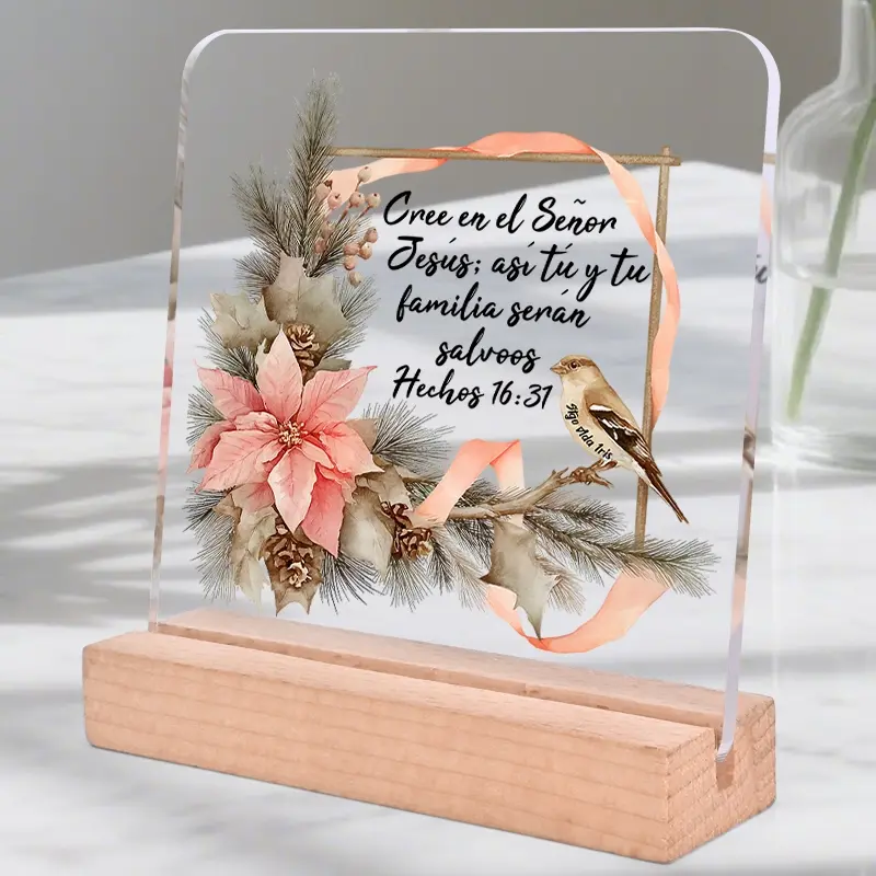 Spanish Religious Acrylic Decor, "Cree en el Señor Jesús" Acts 16:31 Bible Verse Decorative Plaque with Wooden Stand, Floral & Bird Design, Christian Home Decor & Gift for Families, Home decoration