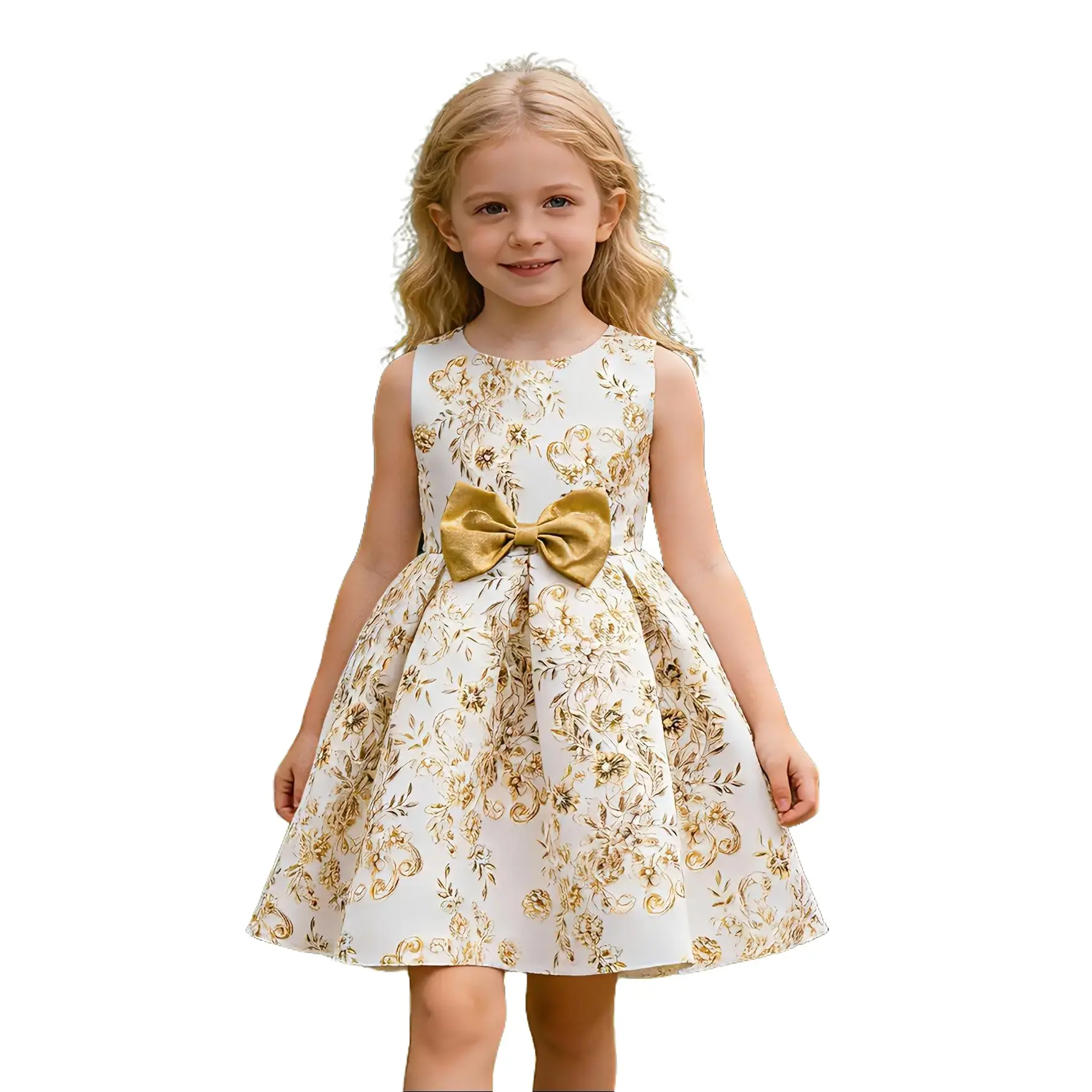 Girls' Dresses, Toddler Print Golden Bow Vest Skirt, Medium And Large Wedding Party Dress Knee-Length Skirt, Middle Eastern Ramadan Skirt