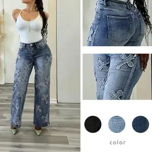 AprPith Cross Patch Wide Leg Jeans for Women - Distressed Denim with Cross Embellishments