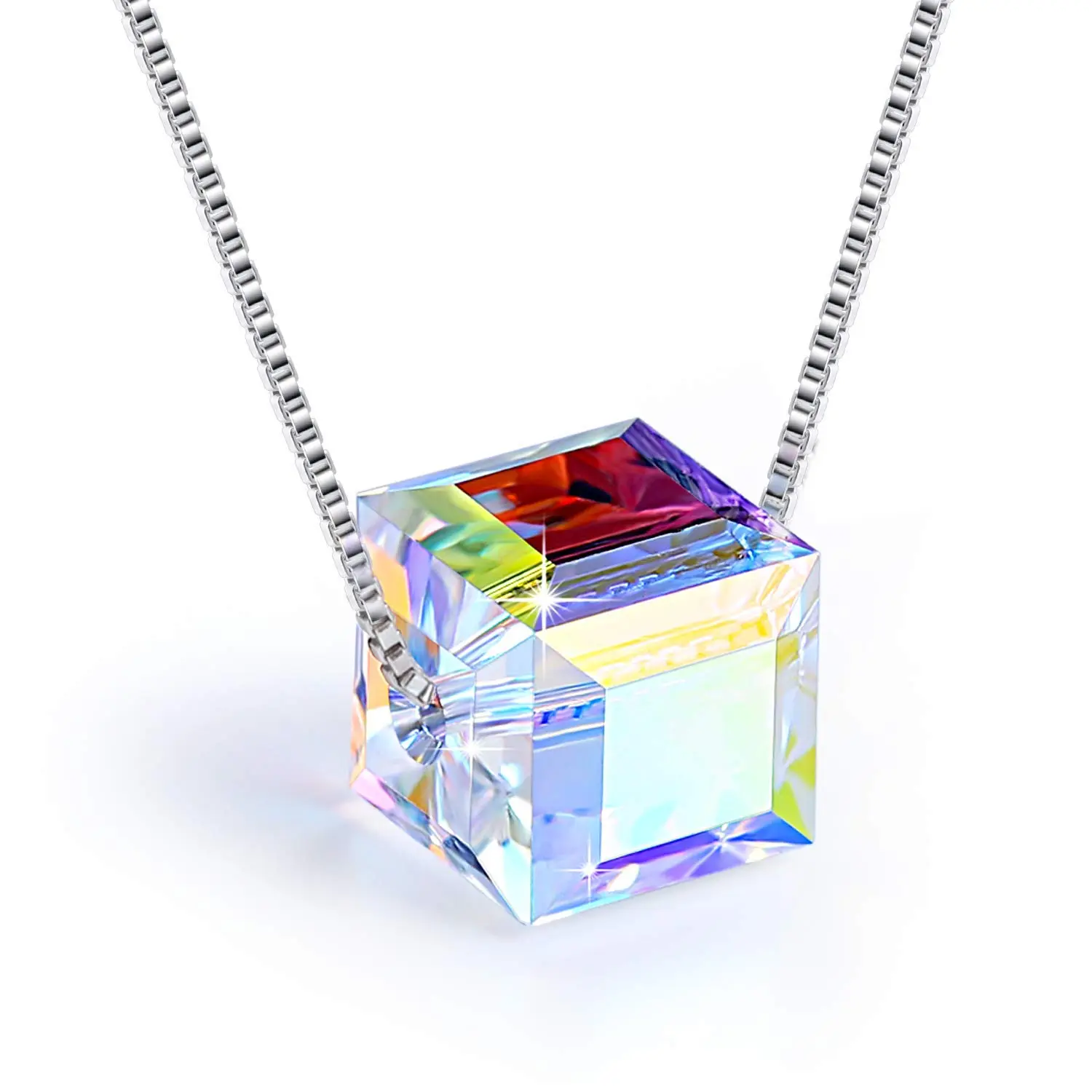 Silver Necklace Crystals Cube Pendant for Women Unique Jewelry withChristmas Valentines Mothers Day for Her