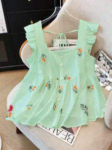 Floral Embroidered Back Tie Ruffle Blouse, Lightweight Smooth Fabric, Sweet Fresh Style, Perfect for Spring Summer Vacation Commute Casual Wear