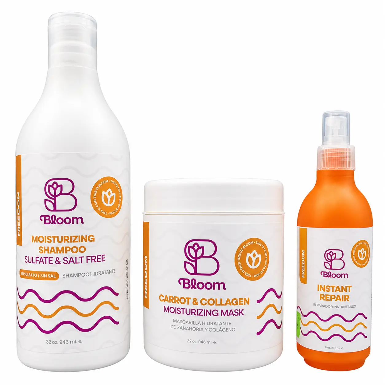 BLOOM REBORN HAIR CARE KIT – MOISTURIZING SHAMPOO, CARROT & CxOLLAGEN MASK AND INSTANT REPAIR TREATMENT