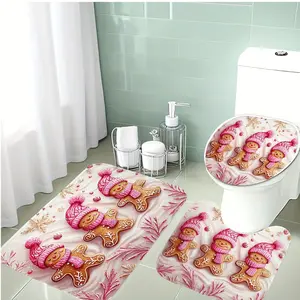 3-Piece Gingerbread Man Bath Mat Set, Hat Scarf Design, Soft Flannel Material, Non-Slip Bathroom Rug, Holiday Decoration