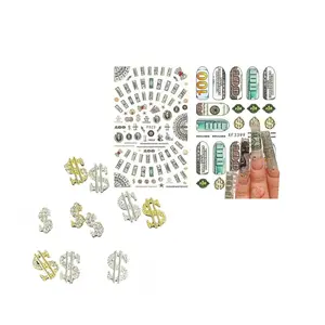 Dollar Signs Nail Stickers - 4Pk 8 Sheet Set w 12pcs Alloy Charms for Luxe Money Themed Manicure Easy Application Long Lasting Peel Proof Safe Eco Friendly