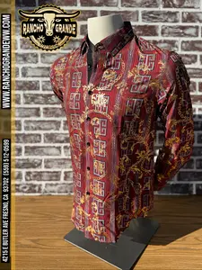 Rancho Grande PVLS023/15 Men's Fashion Long Sleeve Shirt Casual Party All Seasons Red Gold Pattern