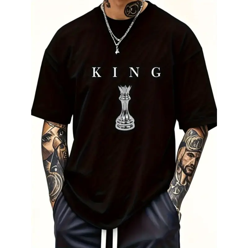 Men's KING Print Graphic T-Shirt, Soft & Breathable 100% Cotton Hip-Hop Streetwear with Crew Neck for Casual Outfits, Menswear, Fabric, Graphic Tee, All Over Print, Fitted Cut, All Seasons, Shortsleeve, Round Neck, Tops, Full Print